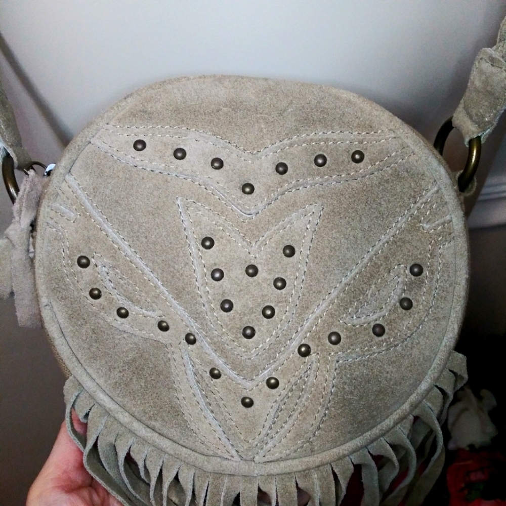 Earthbound Trading Co. Boho Tan Canvas & Studded Suede Fringed Crossbody Purse - Picture 5 of 13